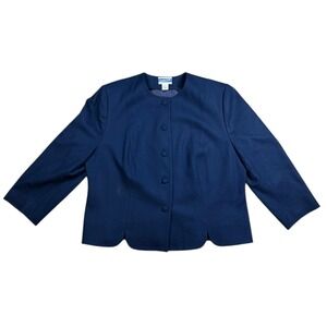 Pendleton Plus Navy Blue Wool Blazer Jacket 18W Collarless Button Front Made USA